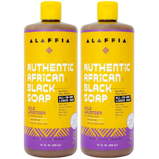 Alaffia Authentic African Black Soap, Wild Lavender, 2-Pack – All-in-One Moisturizing Cleanser for Face, Hands, Body & Hair, 32 Oz Ea