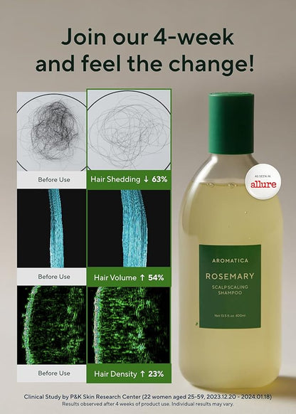 AROMATICA Rosemary Scalp Scaling Shampoo - Thinning Hair Loss Natural Rosemary Essential oil for Women - Vegan Hair Growth Biotin Shampoo - Free from Sulfate, Silicone, and Paraben (13.53 oz)