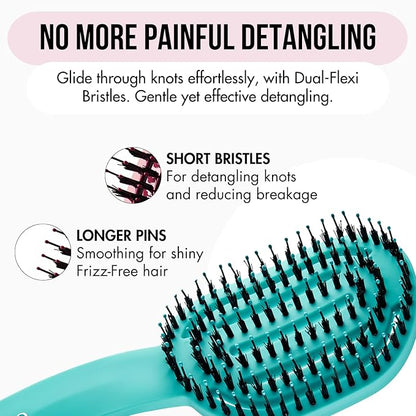 MOYOKO Detangler Brush for Curly Hair, Thick, Straight - Ergonomic Curved Detangling Hair Brush for Women, Girls, Prevents Breakage, Detangle Shower Hairbrush for Wet & Dry Hair (Turquoise)