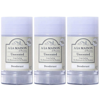 A La Maison de Provence Natural Aluminum-Free Deodorant | Unscented | Traditional French Milled Formula | Long Lasting Safe and Effective | Free of SLS, Parabens and Sulfates (3 Pack)