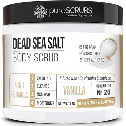 pureSCRUBS Premium Vanilla Body Scrub Set - Large 16oz Dead Sea Salt Body Scrub With Infused Essential Oils & Nutrients, Includes Wooden Spoon, Loofah & Oatmeal Exfoliating Bar Soap
