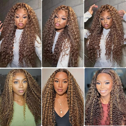 5x5 Highlight Water Wave Closure Wigs Human Hair 180% Density Curly Human Hair Wig Pre Plucked 16inch P4/27 Ombre 5x5 HD Lace Closure Wigs for Women(427curly 16inch)