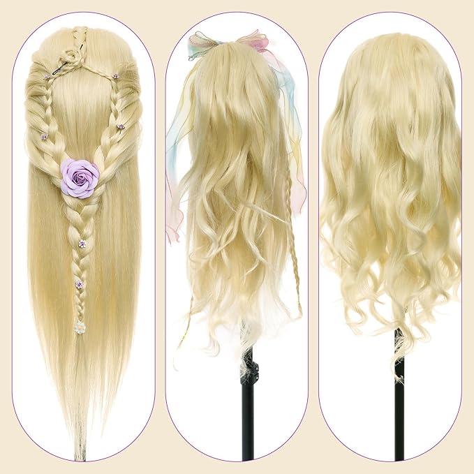 Neverland Beauty Mannequin Head with 50% Real Human Hair, 24 Inch Makeup Cosmetology Manikin Practice Head with Hair, Braiding Hairdressing Doll Head for Hair Styling with False Eyelashes
