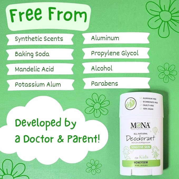 MONA Brands KIDS Deodorant for Girls, Boys, Preteens & Teens | Safe for Sensitive Skin - No Baking Soda, Aluminum or Synthetic scents | (2-PK HONEYDEW 1.76 Oz each)