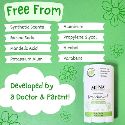MONA Brands KIDS Deodorant for Girls, Boys, Preteens & Teens | Safe for Sensitive Skin - No Baking Soda, Aluminum or Synthetic scents | (2-PK HONEYDEW 1.76 Oz each)