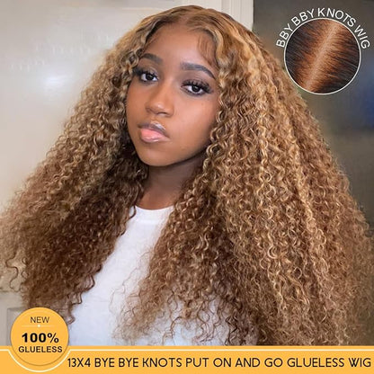 Sunber Curly Human Hair Lace Front Wig Put On and Go Bye Bye Knots Highlight Honey Blonde Curly 13x4 Lace Front Pre Cut Lace With Baby Hair 180% Density No Glue 3S Wear and Go 18Inch Beginner Friendly