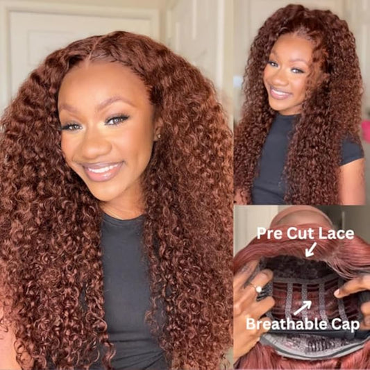 Beauty Forever Bye Bye Knots 7X5 Pre Cut Lace Put on and Go Wig Jerry Curly Reddish Brown Lace Front Wigs, Auburn Brown Glueless Human Hair Wigs 180% Density 20 Inch