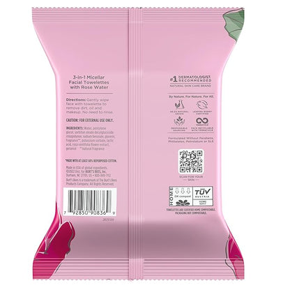 Burt's Bees Rose Water Face Wipes, for All Skin Types, Hydrating Micellar Makeup Remover & Facial Cleansing Towelettes, 30 Ct (3-Pack)