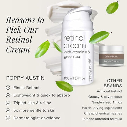 poppy austin Retinol Cream for Face 3.4OZ, High-Strength Retinol Night Cream - Cruelty Free Wrinkle Cream - Anti Aging Eye Cream For Face & Body