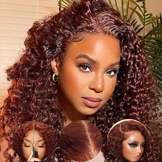 Beauty Forever Bye Bye Knots 7X5 Pre Cut Lace Put on and Go Wig Jerry Curly Reddish Brown Lace Front Wigs, Auburn Brown Glueless Human Hair Wigs 180% Density 20 Inch