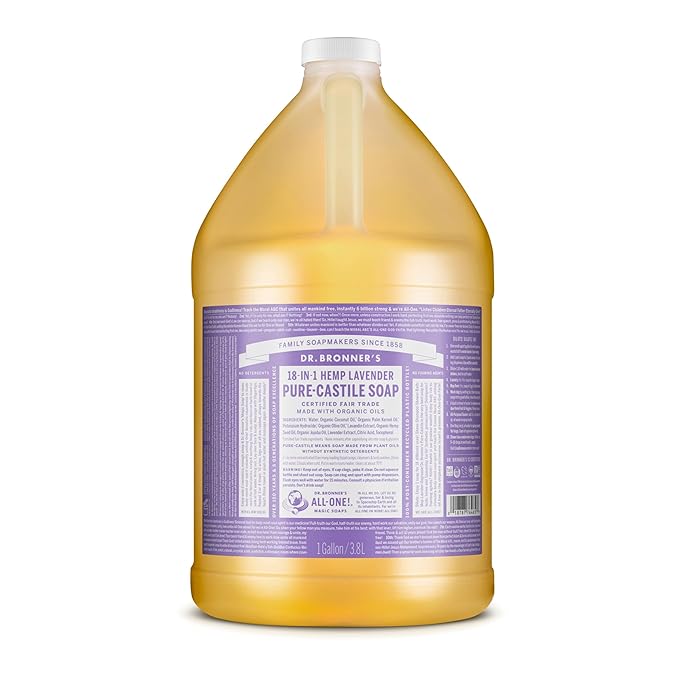 Dr. Bronner's - Pure-Castile Liquid Soap (Lavender, 1 Gallon) - Made with Organic Oils, 18-in-1 Uses: Face, Body, Hair, Laundry, Pets and Dishes, Concentrated, Vegan, Non-GMO