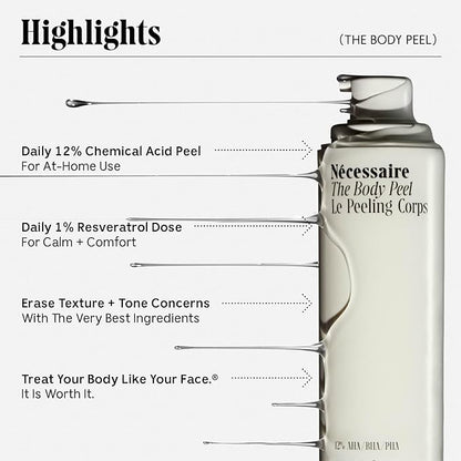 Nécessaire The Body Peel. Resurfacing Serum for KP, Ingrowns, Strawberry Skin and Discoloration. 10% AHA, 1% BHA, 1% PHA, Peeling Peptide. Dermatologist-Tested. Hypoallergenic. Non-Comedogenic. 150ml