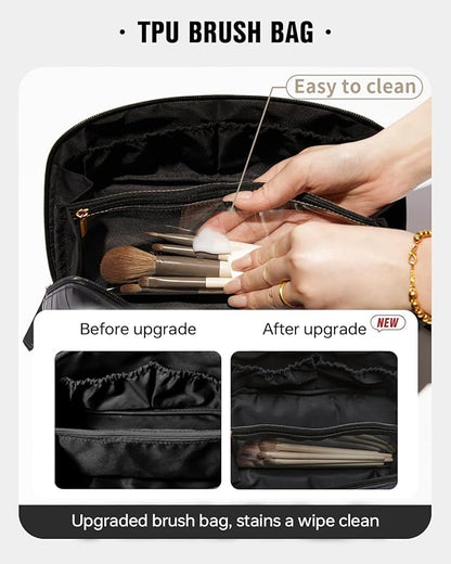 EACHY Travel Makeup Bag,Large Capacity Cosmetic Bags for Women,Waterproof Portable Pouch Open Flat Toiletry Bag Make up Organizer with Divider and Handle