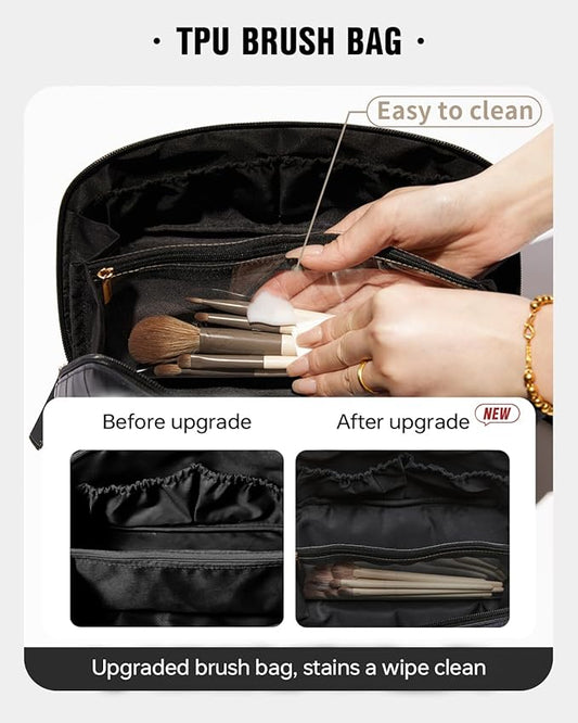 EACHY Travel Makeup Bag,Large Capacity Cosmetic Bags for Women,Waterproof Portable Pouch Open Flat Toiletry Bag Make up Organizer with Divider and Handle