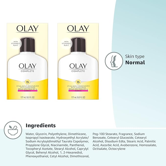 Olay Face Moisturizer Complete Lotion All Day Daily Facial Moisturizing Lotion SPF 15 for Normal Skin and Hydration, Oil-Free Non-Greasy, 6 Fl Oz (Pack of 2)