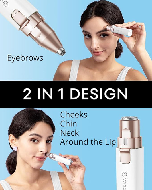VOGCREST Hair Trimmer, 2 in 1 Facial Hair Remover & Eyebrow Trimmer for Women - Rechargeable, Portable, LED Light (White)