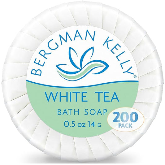 BERGMAN KELLY - Hotel Soap Bars - White Tea, 0.5 oz, 200 PK - Travel Size Luxury Bulk Amenities Bar Soap, Mini Individually Wrapped Round Soap - Small Toiletries for Airbnb, Motel, Guest Bathroom