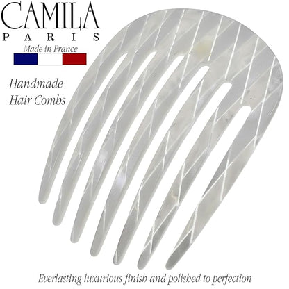 Camila Paris CP3408 French Hair Side Comb Rounded, Nacro White, Handmade French Twist Hair Combs, Strong Hold Hair Clips for Women Bun Chignon, No Slip Styling Girls Hair Accessories Made in France