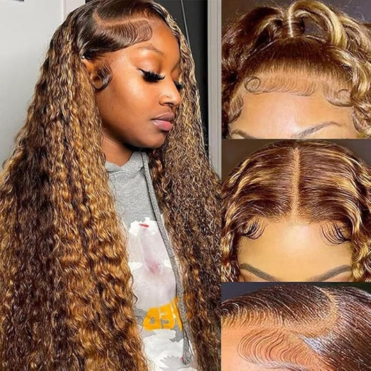 CHEETAHBEAUTY #4/27 Ombre Highlight Deep Wave 13X6 HD Transparent Lace Front Wigs Human Hair Brazilian Deep Curly Wigs for Black Women Pre Plucked with Baby Hair 250% Density(26inch)