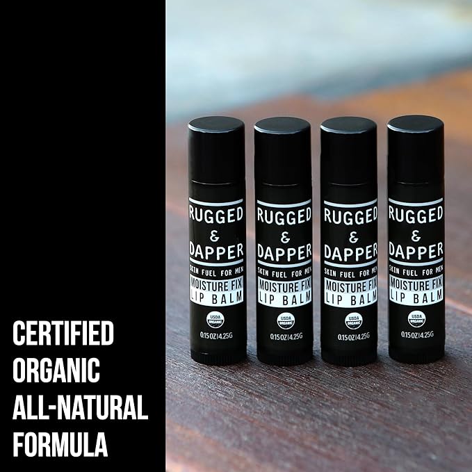 RUGGED & DAPPER Lip Balm for Men - Certified Organic + Natural Ingredients - 4 Pack - Hydrating Mens Chapstick - USA Made
