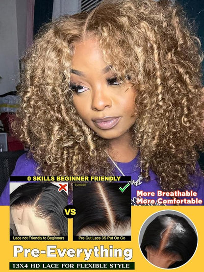 Sunber Curly Human Hair Lace Front Wig Put On and Go Bye Bye Knots Highlight Honey Blonde Curly 13x4 Lace Front Pre Cut Lace With Baby Hair 180% Density No Glue 3S Wear and Go 18Inch Beginner Friendly