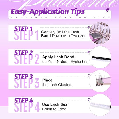 Pawotence Brown Lash Extension Kit Lash Clusters Wispy clear Band 10-12mm Individual Lashes Natural Brown Clusters Eyelash Extension Kit with Lash Bond and Seal, Lash Applicator for Self Use
