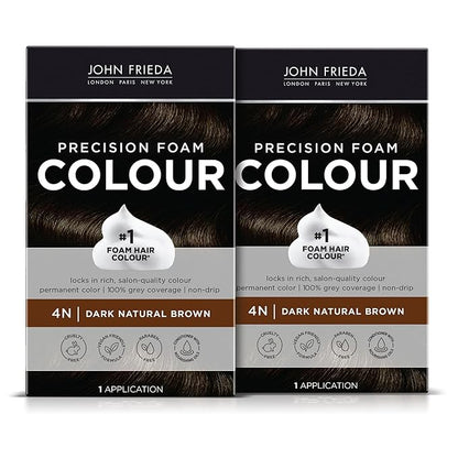 John Frieda Precision Foam Colour, Dark Natural Brown 4N, Full-coverage Hair Color Kit, Anti-Fade Gray Coverage, Deep Color Saturation Hair Dye, Pack of 2