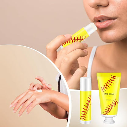 144 Pcs Softball Lip Balm Hand Cream Set Softball Accessories Softball Party Supplies Including 36 Softball Lip Balm 36 Moisturizing Hand Cream 36 Bags 36 Softball Cards and Ropes for Gifts