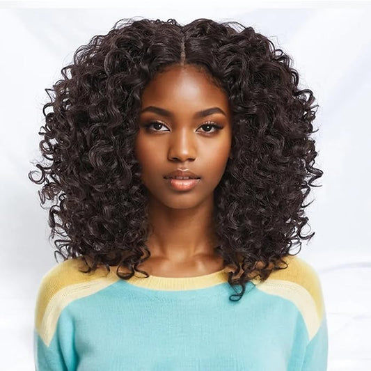 Felek 16inch Curly Lace Front Wigs Middle Part Jerry Curl Wig T Lace Front Curly Glueless Synthetic Pre-Plucked Afro Curly Lace Wigs For Black Women(#4)