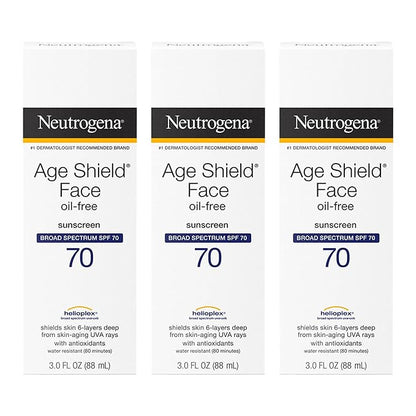 Neutrogena Age Shield Face Oil-Free Sunscreen Lotion with Broad Spectrum SPF 70, Non-Comedogenic Moisturizing Sunscreen to Help Prevent Signs of Aging, PABA-Free, 3 fl. oz (Pack of 3)