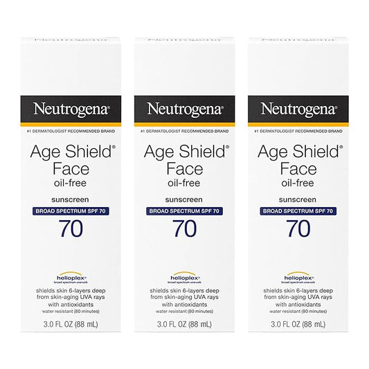 Neutrogena Age Shield Face Oil-Free Sunscreen Lotion with Broad Spectrum SPF 70, Non-Comedogenic Moisturizing Sunscreen to Help Prevent Signs of Aging, PABA-Free, 3 fl. oz (Pack of 3)