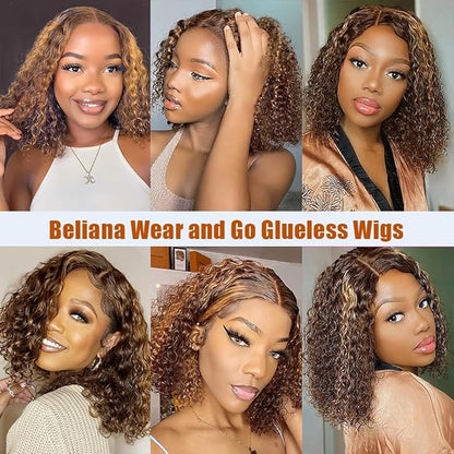 Wear And Go Glueless Wigs Human Hair Pre Plucked Pre Cut 4/27 Highlight Curly Bob Lace Closure Wigs 5x5 HD Lace Closure Wigs Human Hair For Black Women 180% Density Water Wave Lace Front Wig 12 Inch