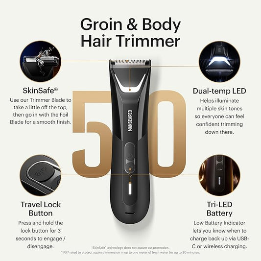 MANSCAPED® The Lawn Mower® 5.0 Ultra Groin & Body Hair Trimmer – Dual-Head SkinSafe® Trimmer & Foil Blades, Waterproof Wet/Dry Groomer, USB-C Rechargeable with Travel Case, Men’s Ball Shaver, Black