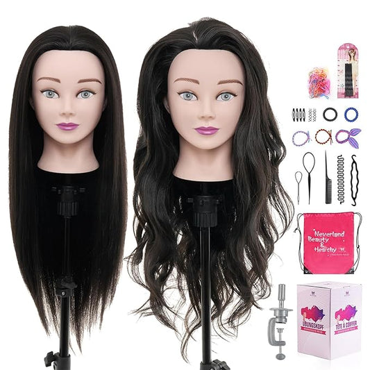 Neverland Beauty Mannequin Head with 80% Real Human Hair, 26 Inch Cosmetology Mannequin Doll Head for Hair Styling, Training Practice Braiding Manikin Head with Table Clamp, Hair Styling Set #1B