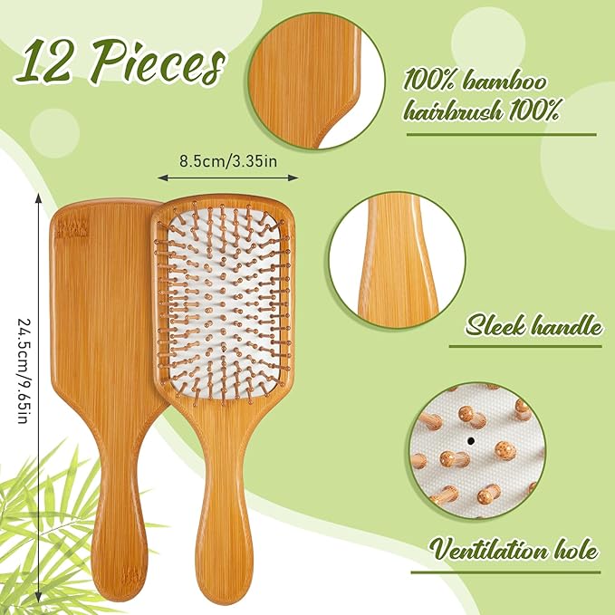 Tessco for you 12 Pcs Bamboo Hair Brushes for Women Bulk Wooden Paddle Brush Scalp Massage Bamboo Bristles Anti Static Men Engraving DIY Gift for Father's Day Wedding(White,9.65'' X 3.35'')