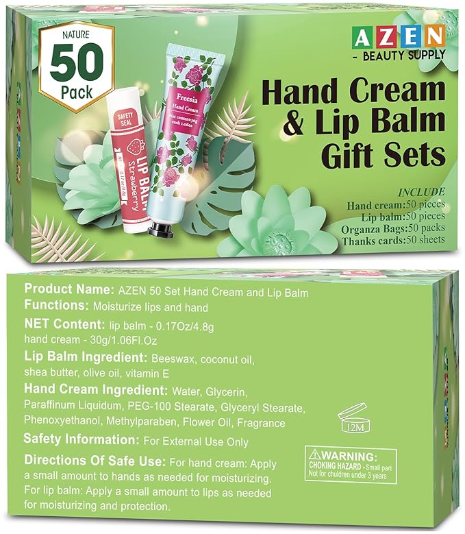 AZEN 50 Sets Hand Cream and Lip Balm Set with Organza Bag Thank You Card, Baby Shower Wedding Gifts for Guests, Bridal Souvenirs for Colleagues Employee Coworkers, Party Favor for Female Friends