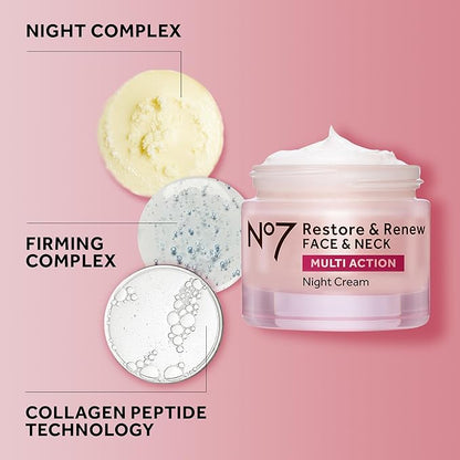 No7 Restore & Renew Multi Action Face & Neck Cream - Nighttime Collagen Peptide Facial Moisturizer - Anti Aging Face Cream Enriched with Hyaluronic Acid, Shea Butter + Vitamin E to Firm Skin (50ml)