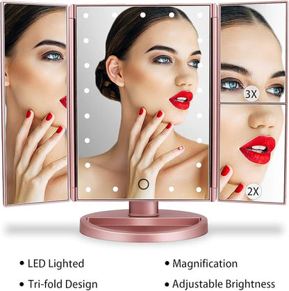deweisn Dresser Mount Tri-Fold Lighted Vanity Mirror with 21 LED Lights, Touch Screen and 3X/2X/1X Magnification, Two Power Supply Modes Make Up Mirror,Travel Mirror
