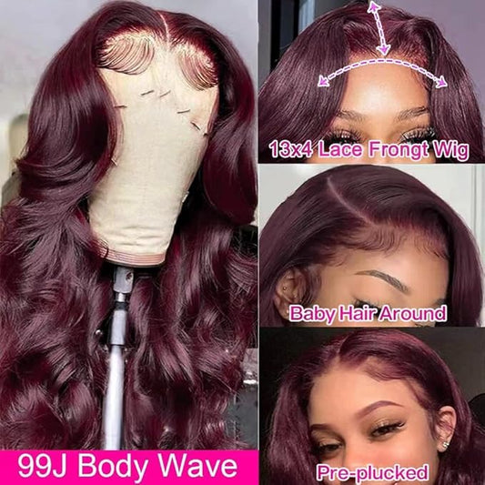 13x4 99J Burgundy Body Wave Lace Front Wigs Human Hair 180% Density Wine Red Color Wigs for Women HD Transparent Glueless Lace Front Wigs Human Hair Pre Plucked with Baby Hair 32 Inch