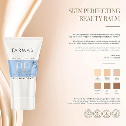 FARMASi Make Up BB Cream Beauty Balm, Full-Coverage Foundation, Concealer, Moisturizer BB Cream for All Skin Types, 1.7 fl. oz. / 50 ml (Light to medium)