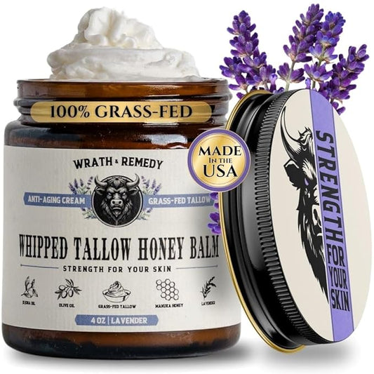 Wrath & Remedy Handmade Whipped Organic Beef Tallow for Skin - 4 OZ (Lavender) — Grass Fed Beef Tallow Moisturizer and Honey Balm for Silky, Sensitive-Skin, Eczema, Rosacea - Free of Harsh Chemicals
