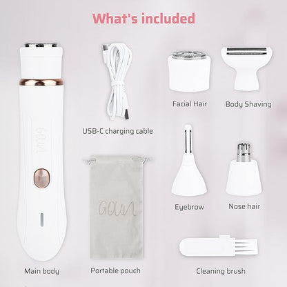 4-in-1 Facial Hair Removal for Women, Electric Painless Shaver, USB Rechargeable, Lip Chin Cheek Trimmer