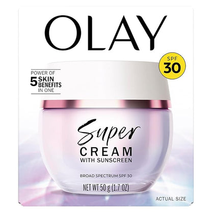 Olay Super Cream with Sunscreen SPF 30, 1.7 oz, Ultra Lightweight Face Moisturizer - Vitamin C & E, Hyaluronic Acid, Niacinamide, Collagen Peptide - Hydrate, Smooth, Brighten, Firm, and Protect