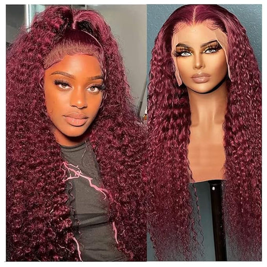 CHEETAHBEAUTY 99J Burgundy Deep Wave 13X6 HD Transparent Lace Front Wig Human Hair Brazilian Virgin Human Hair Wigs for Black Women Deep Curly Wigs Pre Plucked with Baby Hair 250% Density(24inch)