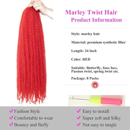 Marley Twist Braiding Hair 24 Inch 8 Packs – Fluffy&Tangle-Free Cuban Twist Hair for Braiding, Natural Look Synthetic Long-Lasting Spring Afro Kinky Twist Hair Extensions (RED)