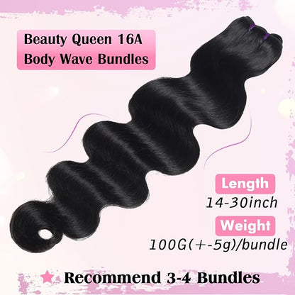 Beauty Queen 16A Body Wave Bundles Human Hair 22 24 26 Inch 100% Unprocessed Brazilian Human Hair Weave Bundles Thick Raw Vigin Hair Long Hair Extensions Natural Color For Women