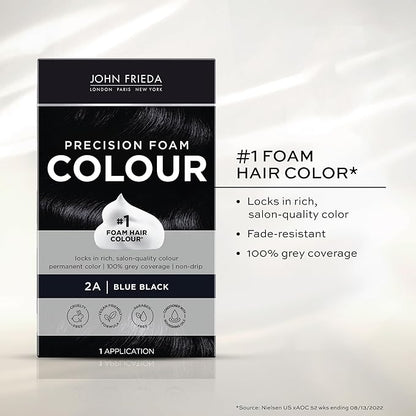 John Frieda Precision Foam Colour, Blue Black 2A, Full-coverage Hair Color Kit, Anti-Fade Gray Coverage, Deep Color Saturation Hair Dye, 1 Application