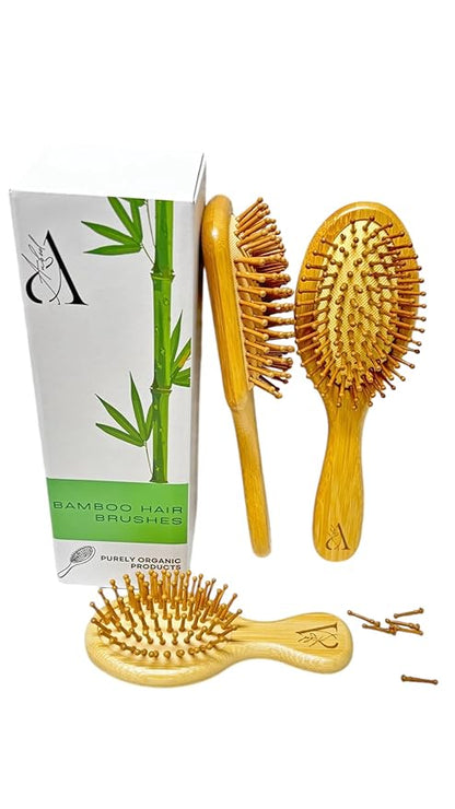 3 Pcs. Bamboo Hair Brush Set for Hair Growth, Detangling Brush, Scalp Massager with Natural Bamboo Bristles & Paddle Brush - For all hair types; Curly, Straight & Wavy - For Women, Men and Kids