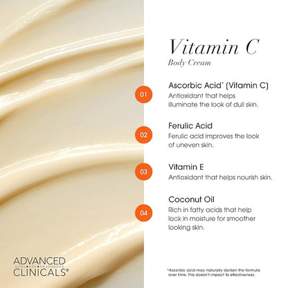 Advanced Clinicals Vitamin C Cream Visibly Brightening Body Lotion | Vitamin C Moisturizer Skin Care Body Cream For Women & Men Helps Visibly Improve Look Of Dark Spots & Uneven Skin Tone, 16 Ounce