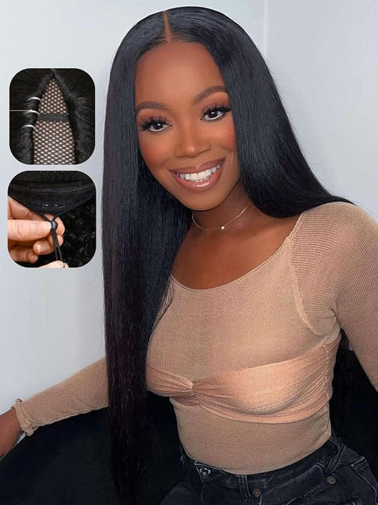 Beauty Forever V Part Wig Human Hair Yaki Straight EasiContour Vpart Wigs No Leave Out Glueless Upgraded Kinky U Part Wigs for Women Beginner Friendly Drawstring Wig 180% Density 22inch